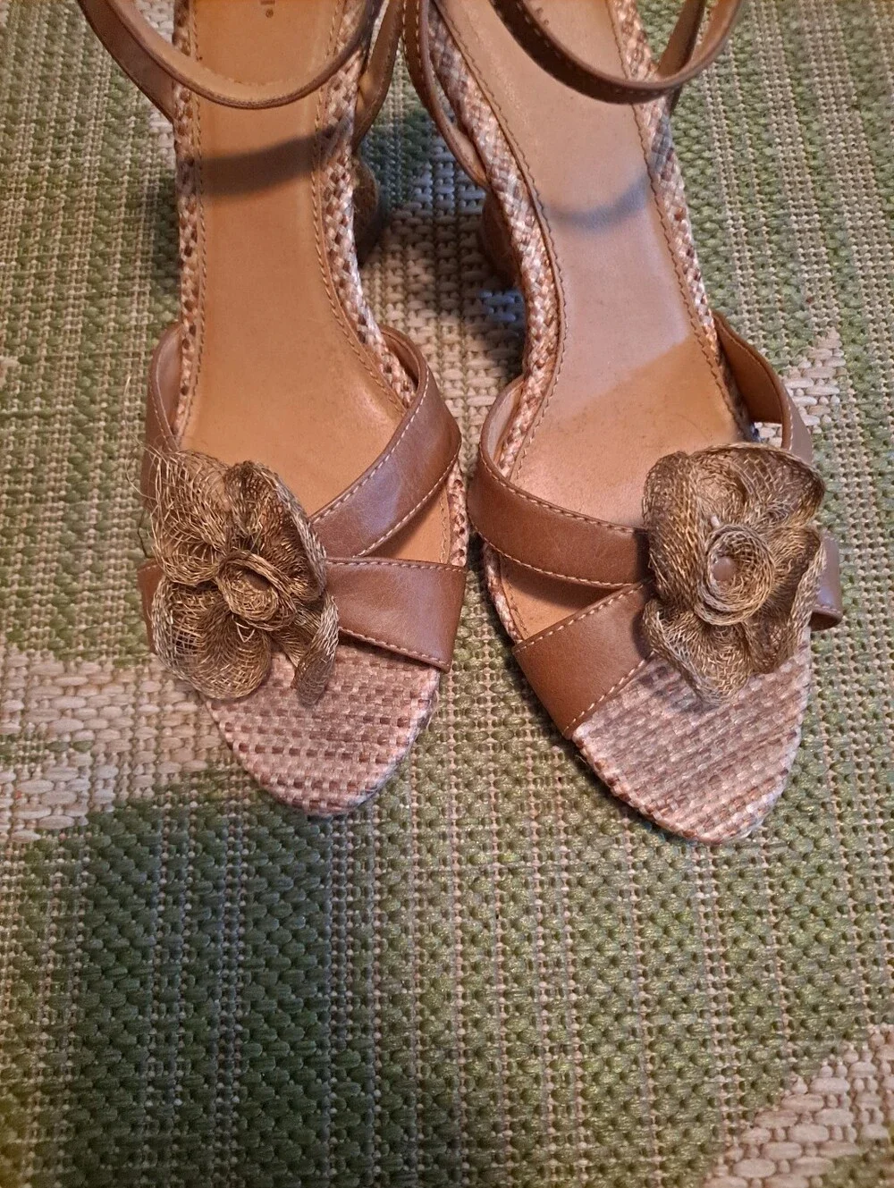 FIONI Clothing Tan Floral Wedge Sandals with Ankle Strap
